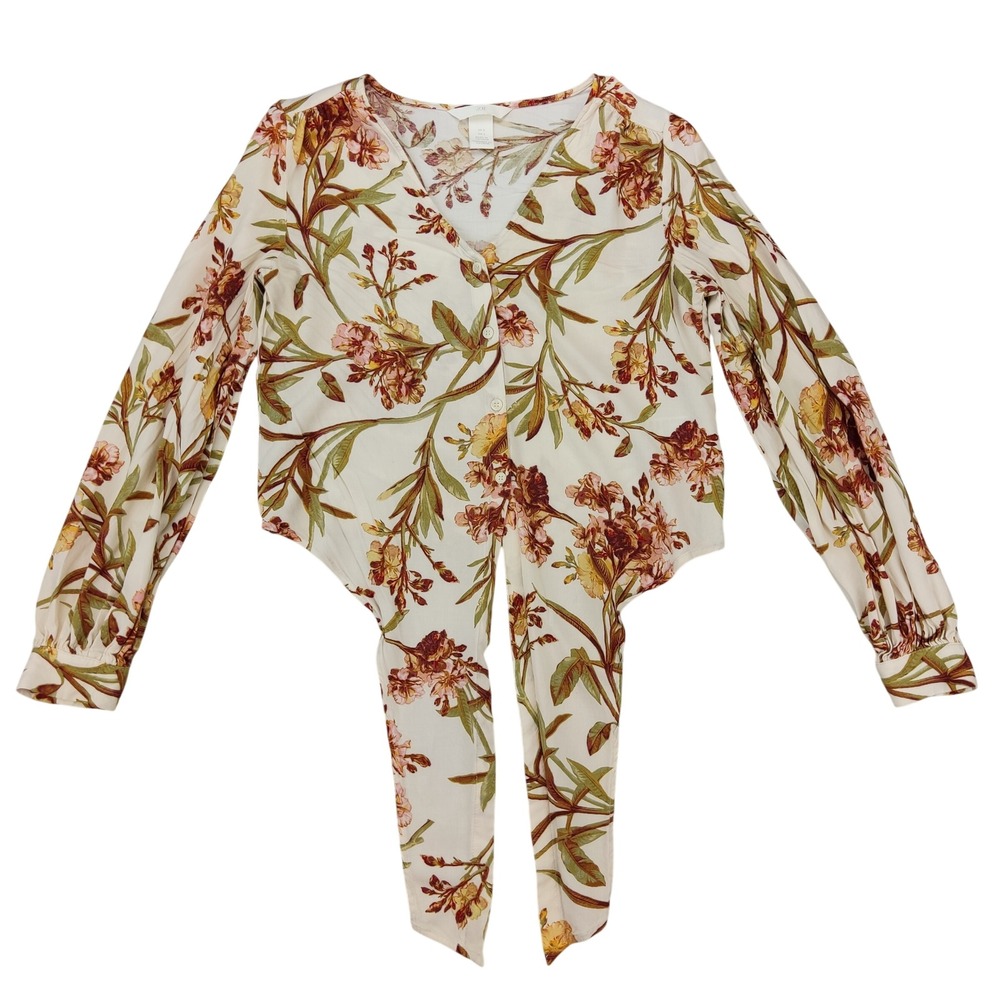 H&M Blouse Women 2 Cream Floral Tie Front Button Up Long Sleeve V-Neck Crop Top